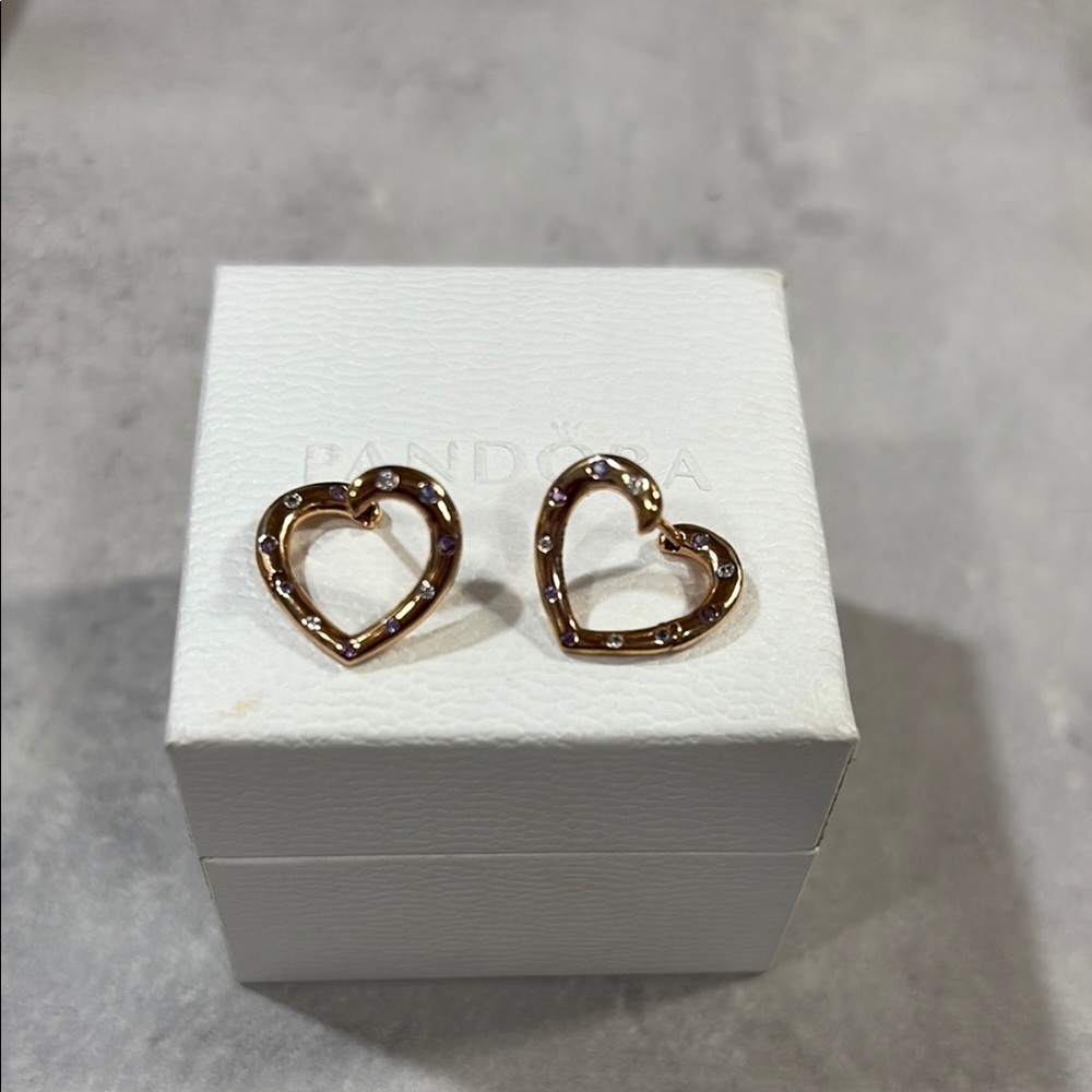 Pandora Rose Gold Heart Stud Earrings with Clear Accents